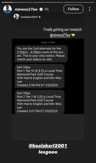 Karl Vilips and Min Woo Lee's tee times ( via Min Woo Lee's Instagram story)